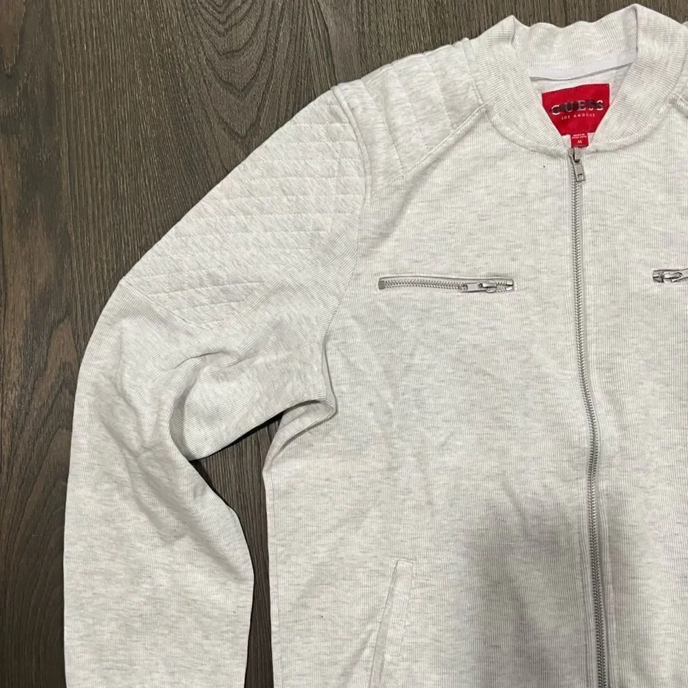 NWOT Guess Mens White Gray Cotton Blend Zip Up Bomber Jacket Size M - Picture 5 of 9